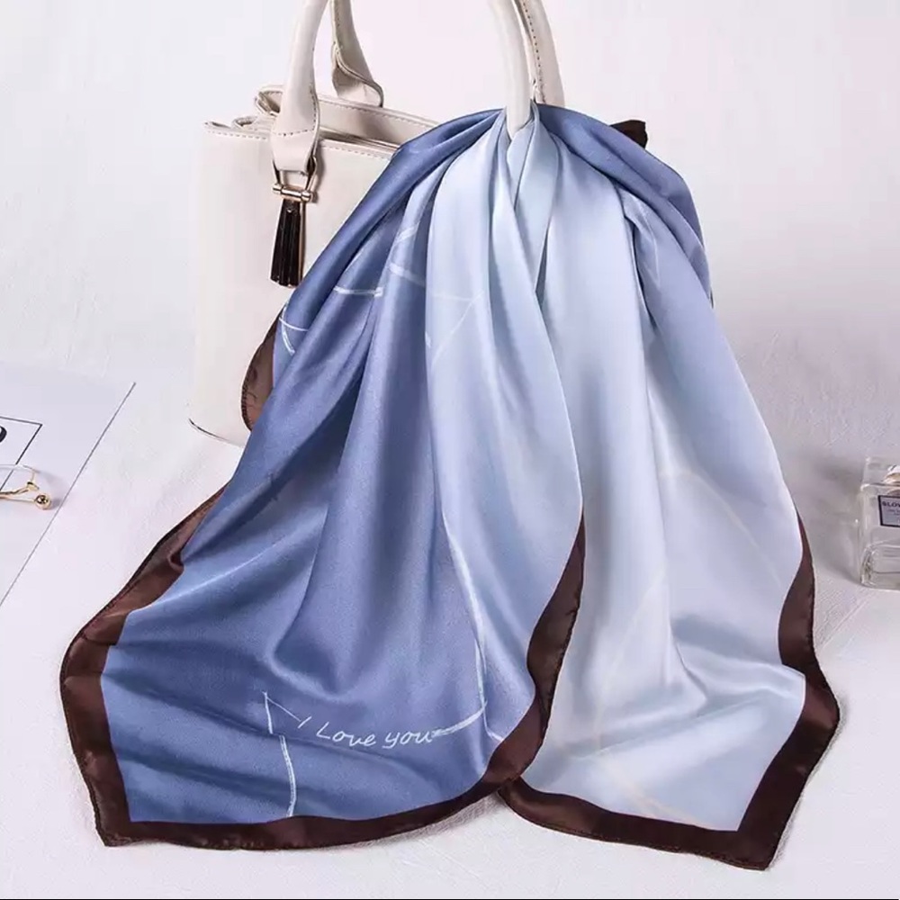100% Silk Polyester Scarf LBlue Brown